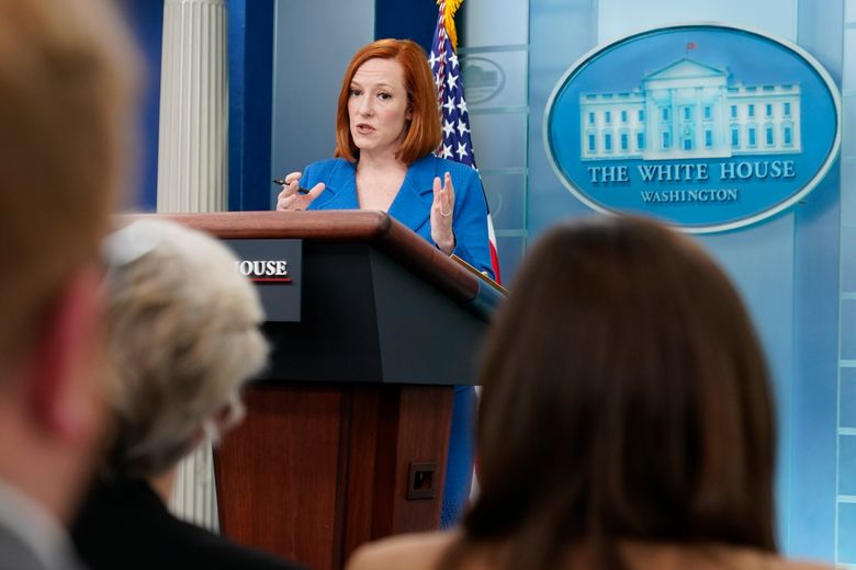 白宫新闻秘书 Jen Psaki 于 2022 年 3 月 18 日星期五在华盛顿举行的白宫新闻发布会上发表讲话。 （美联社照片/帕特里克·塞曼斯基）