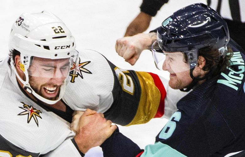â‰ Jared McCann goes at it with Las Vegas forward Michael Amadio in the 2nd period, with both men earning 5-minute penalties for fighting.

The Las Vegas Golden Knights played the Seattle Kraken in NHL Hockey Friday, April 1, 2022 at Climate Pledge Arena, in Seattle, WA. 219930 219930