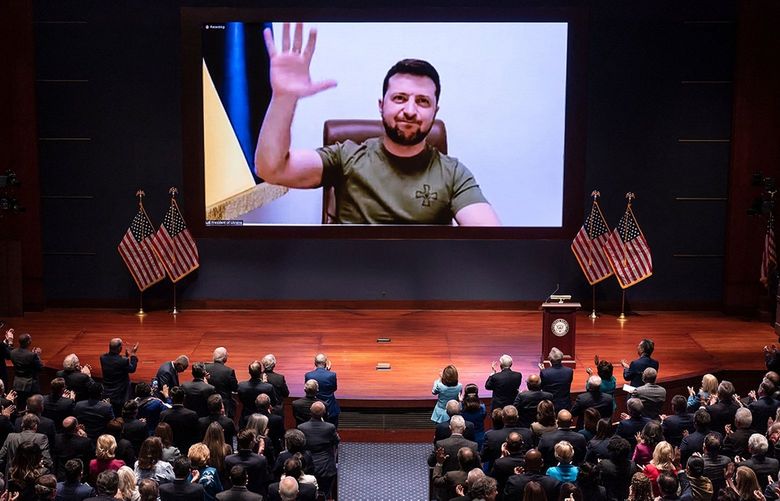 Ukrainian President Volodymyr Zelenskyy virtually addresses the U.S. Congress on March 16, 2022, at the U.S. Capitol Visitor Center Congressional Auditorium, in Washington, D.C. Zelenskyy has become a tireless online presence during the war. (J. Scott Applewhite/Pool/AFP via Getty Images/TNS) 44138916W 44138916W