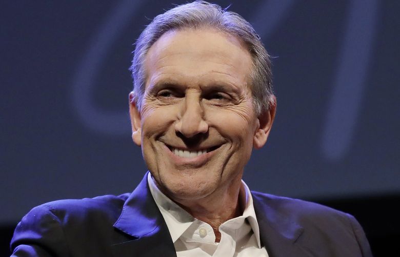 FILE – Howard Schultz speaks at an event to promote his book, “From the Ground Up,” in Seattle on Jan. 31, 2019.  Starbucks President and CEO Kevin Johnson said Wednesday, March 16, 2022, he will retire next month, and former CEO and company founder Howard Schultz will replace him on an interim basis.  (AP Photo/Ted S. Warren, File) NYBZ301 NYBZ301