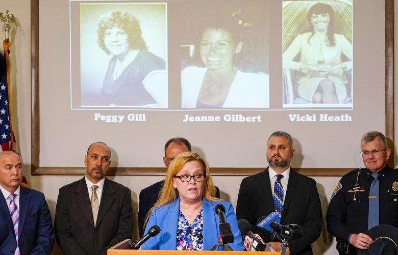 Kim Gilbert Wright, daughter of Jeanne Gilbert, speaks after the Indiana State announced the identity of the suspect in the “Days Inn” cold case murders during a press conference in Indianapolis, Tuesday, April 5, 2022. Jeanne Gilbert was one of three women killed from 1987 to 1989. Police identified the suspect as Harry Edward Greenwell more than 30 years after three women were killed and another assaulted using investigative genealogy. (AP Photo/Michael Conroy) INMC102