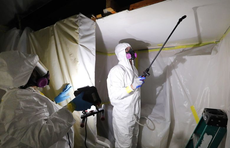 FILE – Asbestos Removal Technologies Inc., job superintendent Ryan Laitila, right, sprays amended water as job forman Megan Eberhart holds a light during asbestos abatement in Howell, Mich., Oct. 18, 2017. The Environmental Protection Agency on Tuesday, April 5, 2022, proposed a rule to finally ban asbestos, a carcinogen that is still used in some chlorine bleach, brake pads and other products and kills thousands of Americans every year. (AP Photo/Paul Sancya, File) WX104 WX104