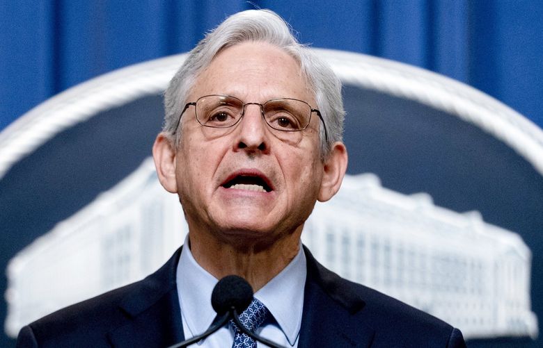 Attorney General Merrick Garland speaks at a news conference at the Justice Department in Washington, Wednesday, April 6, 2022, to discuss new and recent enforcement actions to disrupt and prosecute criminal Russian activity. (AP Photo/Andrew Harnik) DCAH103