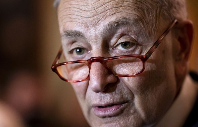 Senate Majority Leader Chuck Schumer, D-N.Y., meets with reporters following a Democratic Caucus meeting, at the Capitol in Washington, Tuesday, April 5, 2022. (AP Photo/J. Scott Applewhite) DCSA115 DCSA115
