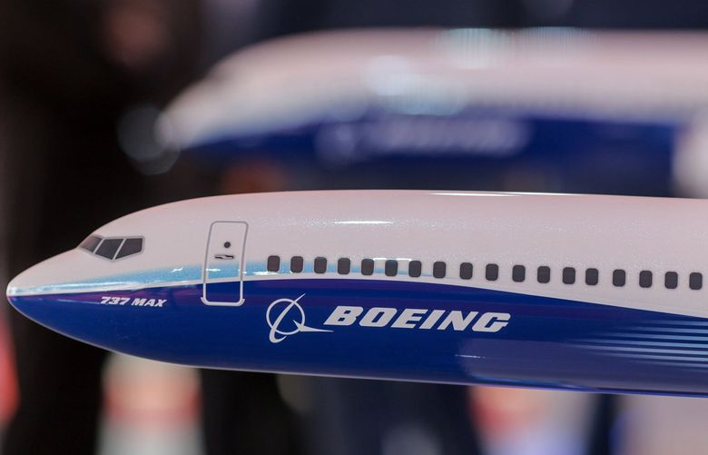A model of a Boeing Co. 737 Max aircraft at the company’s pavilion during the Wings India 2022 Air Show held in Hyderabad, India, on March 24, 2022.