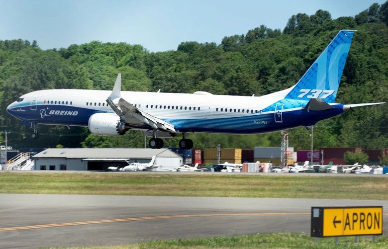 The Boeing 737 Max 10 airplane lands at Boeing Field in Seattle, Washington, U.S., on Friday, June 18, 2021.