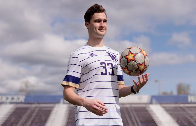 UW men’s soccer player Lucas Meek is photographed at the Husky Soccer Stadium in Seattle Friday, April 1, 2022.  220012