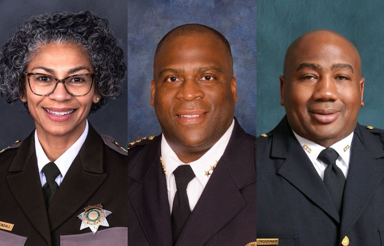 Three finalists for King County sheriff, from left, Patti Cole-Tindall, Charles Kimble, Reginald Moorman.