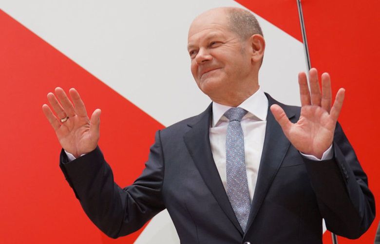 Olaf Scholz, then chancellor candidate of the German Social Democrats (SPD), speaks to the media at the Federal Chancellery following the SPD’s narrow win in federal elections on Sept. 27, 2021 in Berlin, Germany. Scholz, now German chancellor, and British Prime Minister Boris Johnson have promised more weapons for Ukraine in the war against Russia. (Carstensen- Pool/Getty Images/TNS) 44774068W 44774068W