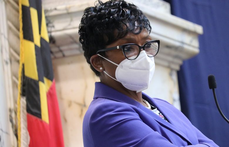 Maryland House Speaker Adrienne Jones, a Democrat, listens to debate before lawmakers voted to override Republican Gov. Larry Hogan’s veto of a measure to expand abortion access in the state, Saturday, April 9, 2022, in Annapolis, Md. (AP Photo/Brian Witte) RPBW603 RPBW603