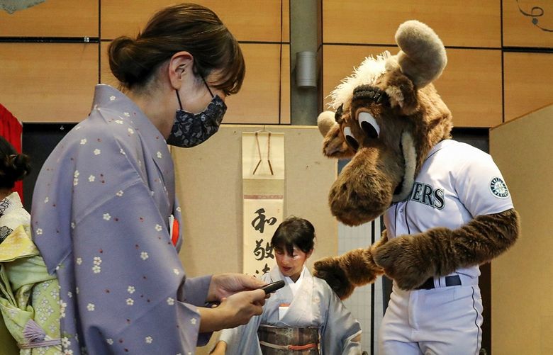 It‚Äôs cross-cultural attire as Mariner Moose, in mascot attire, meets Kyoko Matsuda, seated, in a traditional kimono, at the stage where she‚Äôll be doing a tea ceremony in Fisher Pavilion at the Cherry Blossom & Japanese Cultural Festival.   The moose is promoting Japanese Heritage Day at T-Mobile Park when the M‚Äôs play Cleveland on August 28.   The festival continues Sunday at Seattle Center.

(The M‚Äôs will donate $3 to $5 of every ticket that day to the Japanese Cultural Community Center of Washington)

LO Seattle Center 


Saturday April 9, 2022 220089