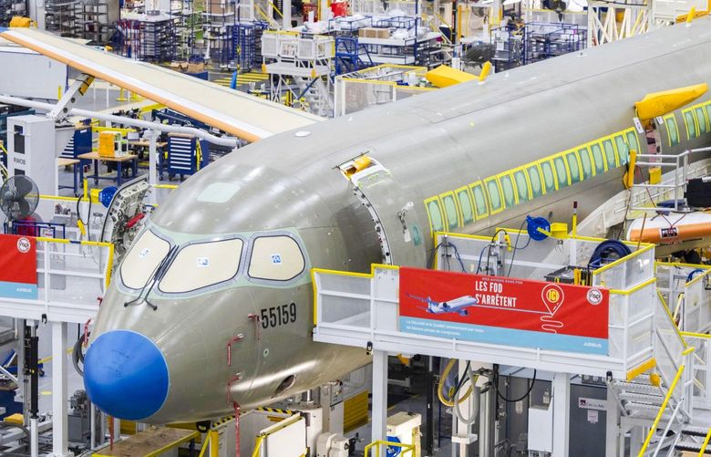 An Airbus A220 at the Airbus Canada assembly and finishing site in Mirabel, Quebec, on Nov. 17, 2021.