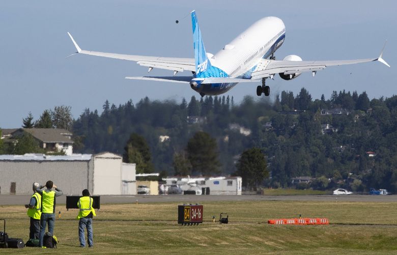 The final version of the 737 MAX, the MAX 10,  takes off from Renton Airport in Renton, WA on its first flight Friday, June 18, 2021.  The plane will fly over Eastern Washington and then land at Boeing Field around noontime.