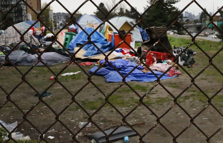 The gate to an area between expensive housing and Interstate-5 has been broken and the sign painted over at this homeless encampment near the corner of NE 50th Street and 7 Avenue NE is on land posted DO NOT ENTER and NO TRESPASSING.
(In all caps)
Wed April 13, 2022 220127