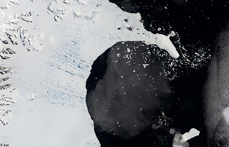 Images provided by NASA show, clockwise from top left, the Larsen B Ice Shelf in Antarctica splintering and collapsing from Jan. 31 to April 13, 2002. (NASA Earth Observatory via The New York Times) – EDITORIAL USE ONLY-