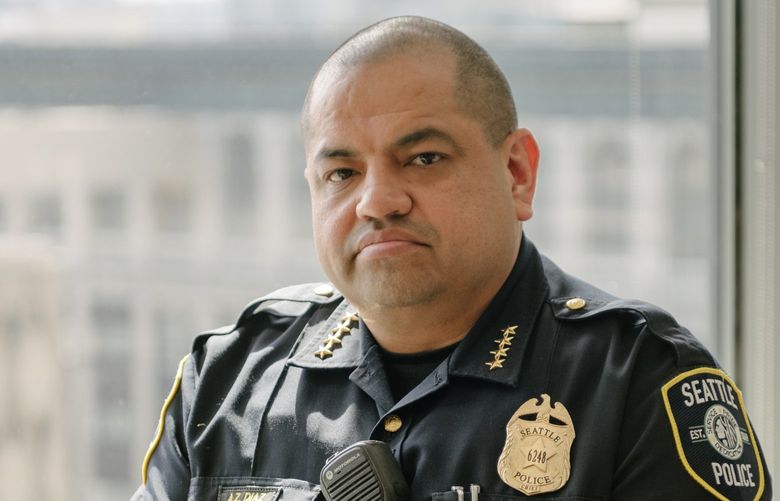 **EMBARGO: No electronic distribution, Web posting or street sales before 3 am. ET Friday, April 15, 2022. No exceptions for any reasons. EMBARGO set by source.** Police Chief Adrian Diaz at police headquarters in Seattle on April 8, 2022.  Diaz says the demands for more equitable policing after George Floyd’s murder in 2020 have coincided with staffing challenges from the pandemic.  (Grant Hindsley/The New York Times) XNYT197 XNYT197