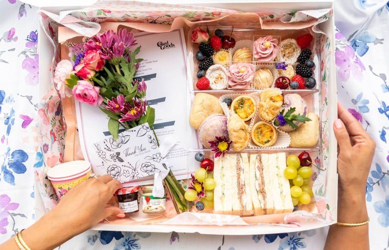 The tea box from Lola’s Traveling Tea Party arrives at your party filled with a bouquet of flowers and everything you’ll need to have a tea party, from finger sandwiches and fruit to mini quiche and cupcakes.
