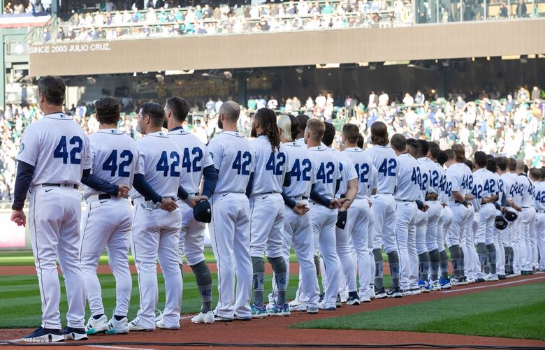 ­To honor Jackie Robinson, all players wore his number:  42.
The Houston Astros played the Seattle Mariners in the home opener for Seattle Friday, April 15, 2022 at T-Mobile Park, in Seattle, WA. 220128