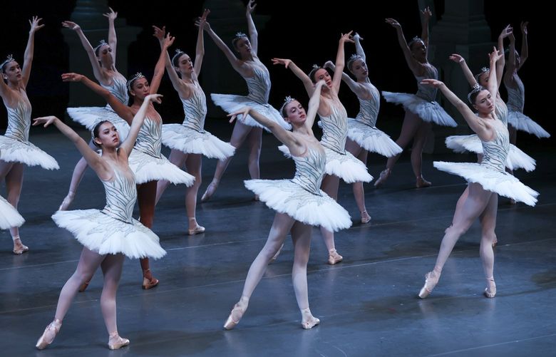 Pacific Northwest Ballet company dancers in Kent Stowell’s “Swan Lake,” running April 15-24 at McCaw Hall and streaming digitally May 12-16.
