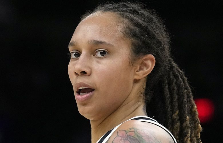 FILE – Phoenix Mercury center Brittney Griner is shown during the first half of Game 2 of basketball’s WNBA Finals against the Chicago Sky, Oct. 13, 2021, in Phoenix. Griner remains in Russia two months after she was detained arriving at a Moscow airport in mid-February. Russian authorities said a search of her luggage revealed vape cartridges that allegedly contained oil derived from cannabis, which could carry a maximum penalty of 10 years in prison. (AP Photo/Rick Scuteri, File) NYDB604 NYDB604