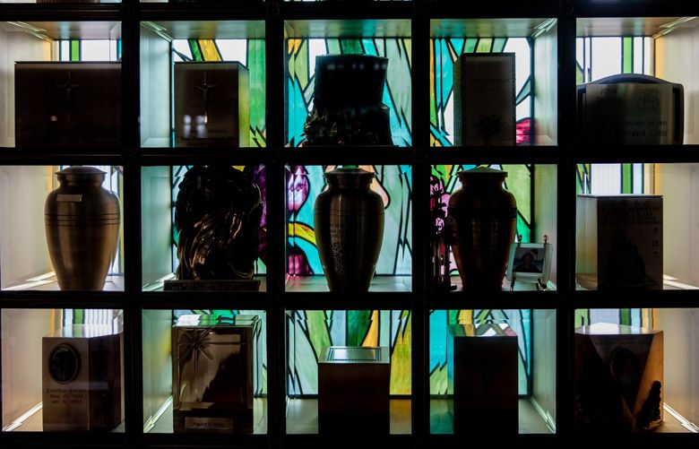 An urn-filled atrium inside Green-Wood Cemetery’s crematory building in Brooklyn. By 2040, four out of five Americans are projected to choose cremation over traditional burial. MUST CREDIT: Photo for The Washington Post by Jackie Molloy
