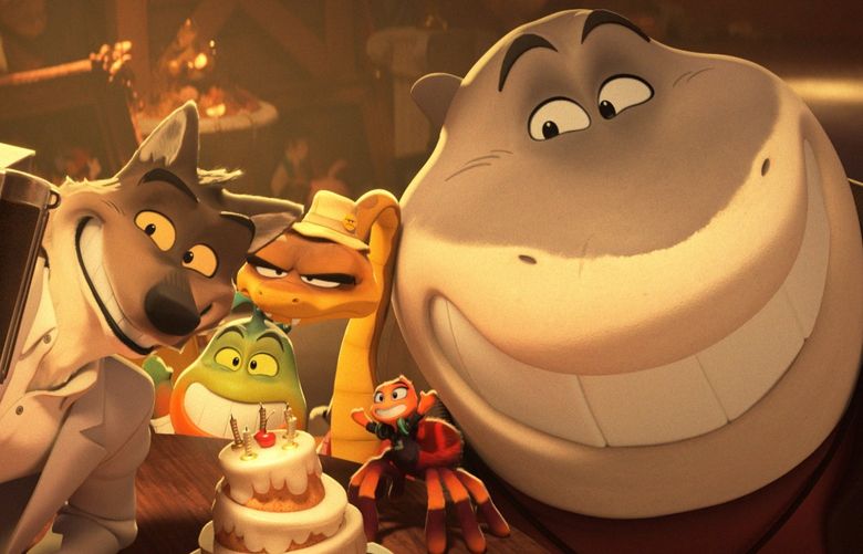 From left, Wolf (Sam Rockwell), Piranha (Anthony Ramos), Snake (Marc Maron), Tarantula (Awkwafina) and Shark (Craig Robinson) in DreamWorks Animation’s “The Bad Guys,” directed by Pierre Perifel.