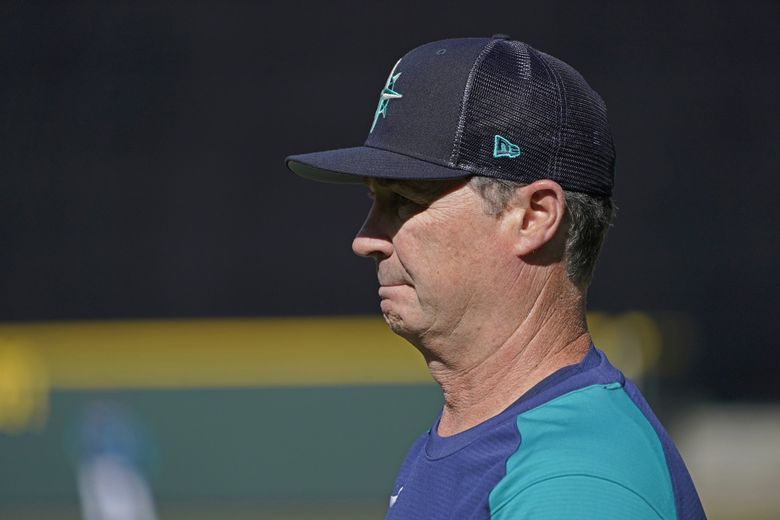 Seattle Mariners manager Scott Servais watches batting practice before the team’s baseball game against the Houston Astros, Friday, April 15, 2022, in Seattle. (Ted S. Warren / AP) 