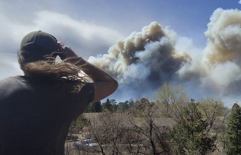 Smoke from a wind-whipped wildfire rises above neighborhoods on the outskirts of Flagstaff, Arizona, on Tuesday, April 19, 2022. Authorities issued evacuation orders for a couple hundred homes. (Sean Golightly/Arizona Daily Sun via AP) AZFLA201 AZFLA201