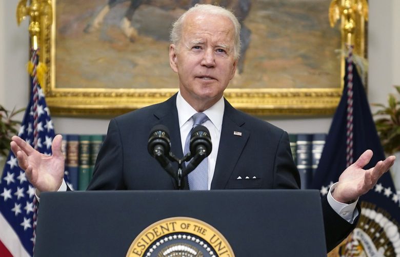 President Joe Biden delivers remarks on the Russian invasion of Ukraine, in the Roosevelt Room of the White House, Thursday, April 21, 2022, in Washington. (AP Photo/Evan Vucci) DCEV201 DCEV201