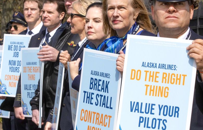 A spokesperson with the Alaska Airlines pilots union (ALPA) predicted that approximately 700 pilots and flight attendants from Alaska Airlines as well as many other airlines joined together Friday, April 1, 2022 on International Blvd. in SeaTac  to picket regarding the lack of a union contract they have been waiting for for over two years.  He said that the biggest issues pilots have involve more job security and more flexibility in their schedules.  He added that Alaska lags the industry in hourly rates as well and they just want to be in line with their peers.  The picketers came to SeaTac from all over the country.  There were also picketers, bringing the total to 1,500,  in Anchorage, San Francisco, Los Angeles and Portland.  
 220003 220003