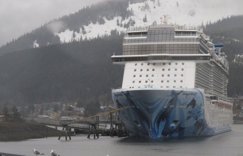 The cruise ship Norwegian Bliss is shown docked in Juneau, Alaska on Monday, April 25, 2022. It is the first large cruise ship of the season to arrive in Alaska. It left Seattle on Saturday. (AP 