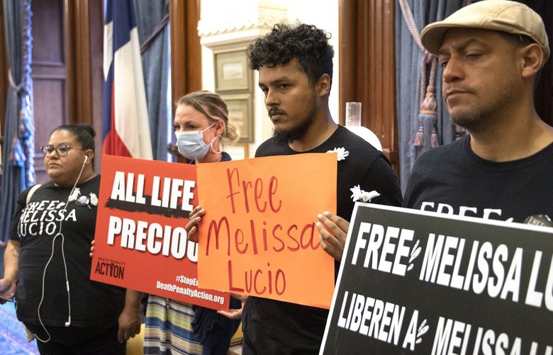 Supporters of death row inmate Melissa Lucio, including Maggie Luna, left to right, Tracy Fennen, Justin Rosario and Mark Anthony Vasquez wait in the Governor’s Public Reception Room at the Capitol, in Austin, Texas, on Monday April 25, 2022, for a decision from the Board of Pardons and Paroles about her clemency. ( Jay Janner/Austin American-Statesman via AP) TXAUS207 TXAUS207