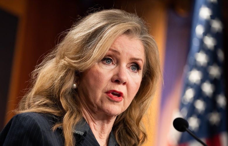 Sen. Marsha Blackburn (R-Tenn.) speaks during a press conference with other Republican senators before the vote to confirm Judge Ketanji Brown Jackson to the Supreme Court, on Capitol Hill in Washington on Thursday, April 7, 2022. (Sarahbeth Maney/The New York Times) XNYT25 XNYT25
