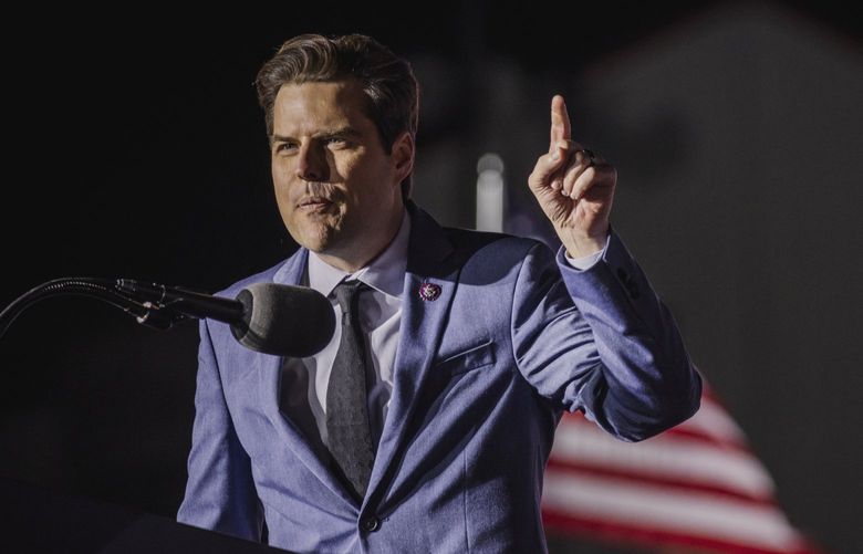 FILE – As former president Donald Trump looks on, Rep. Matt Gaetz (R-Fla.) speaks at a political rally in Commerce, Ga., March 29, 2022. New audio recordings reveal that McCarthy feared in the aftermath of the Jan. 6 attack on the U.S. Capitol that comments by his far-right colleagues could incite violence. (Pete Marovich/The New York Times) XNYT217 XNYT217