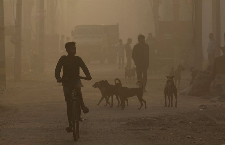 A boy rides a bicycle amidst thick smoke coming out of a fire at the Bhalswa landfill in New Delhi, India, Wednesday, April 27, 2022. The landfill that covers an area bigger than 50 football fields, with a pile taller than a 17-story building caught fire on Tuesday evening, turning into a smoldering heap that blazed well into the night. India’s capital, which like the rest of South Asia is in the midst of a record-shattering heat wave, was left enveloped in thick acrid smoke. (AP Photo/Manish Swarup) XMS111 XMS111
