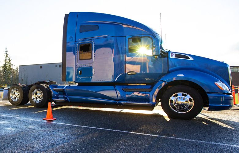 Two artificial intelligence test trucks made by PACCAR sit on the test track northwest of Mount Vernon Washington.
PACCAR, a Washington-based truck company, is testing Artificial Intelligence technology on its vehicles at its testing facility northwest of Mount Vernon Washington.
Photographed on February 3, 2020. 212756