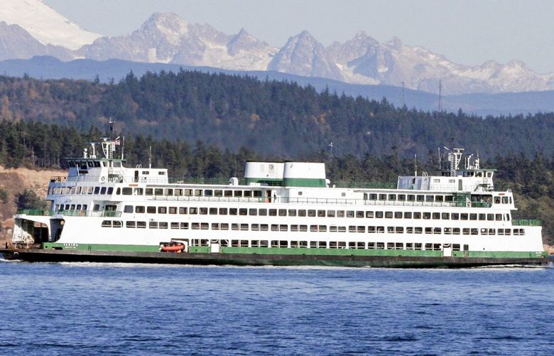 San Juan Island,  Washington   –  gg  –  89310 –  102308   –  NW Weekend – Lakedale Resort, San Juan Island –  The ferry Yakima heads for Annecortes with Mt. Baker in the distance.  0406944612