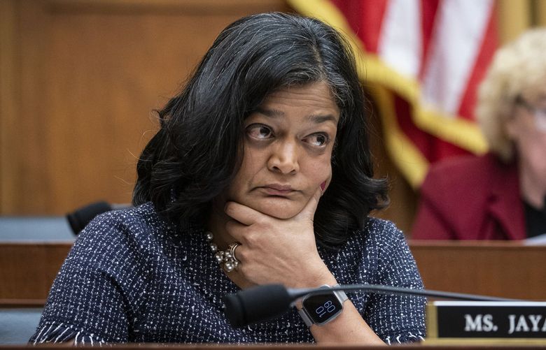 Rep. Pramila Jayapal (D-Wash.) during a hearing on Capitol Hill in Washington, on Thursday, April 28, 2022. Republicans offered a preview this week of their plan of attack on the Biden administration’s immigration policies as the midterm elections approach, trying to make Mayorkas accept blame for a historic spike in migration across the southwest border. (Al Drago/The New York Times) XNYT121 XNYT121