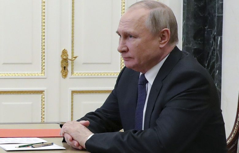 Russian President Vladimir Putin chairs a meeting with members of the Security Council via a video conference at the Kremlin in Moscow, Russia, Friday, April 29, 2022. ( Mikhail Klimentyev, Sputnik, Kremlin Pool Photo via AP) XDL128 XDL128