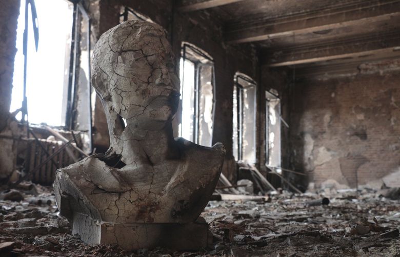 A view of a hall of Mariupol’s Museum of Local Lore that burned down after the shelling in an area controlled by Russian-backed separatist forces in Mariupol, eastern Ukraine, Thursday, April 28, 2022. (AP Photo) MAR102 MAR102