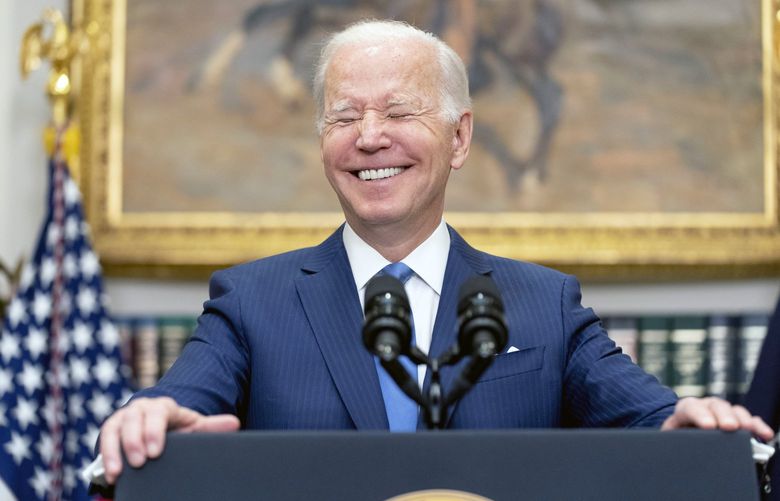 FILE – President Joe Biden smiles while speaking in the Roosevelt Room at the White House, April 28, 2022, in Washington. The White House press corps is ready to party like it’s 2019, before the coronavirus pandemic. After the pandemic nixed the 2021 and 2020 editions, the White House Correspondentsâ€™ Association dinner returns Saturday night. It features Joe Biden, the first sitting president to attend in six years. (AP Photo/Andrew Harnik, File) WX207 WX207