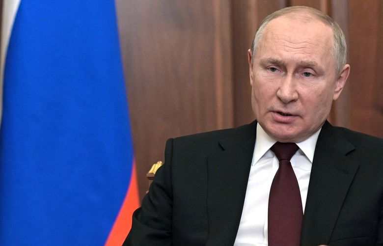 Russian President Vladimir Putin speaks during his address to the nation at the Kremlin in Moscow on Feb. 21, 2022. (Alexey Nikolsky/Sputnik/AFP via Getty Images/TNS) 46595591W 46595591W