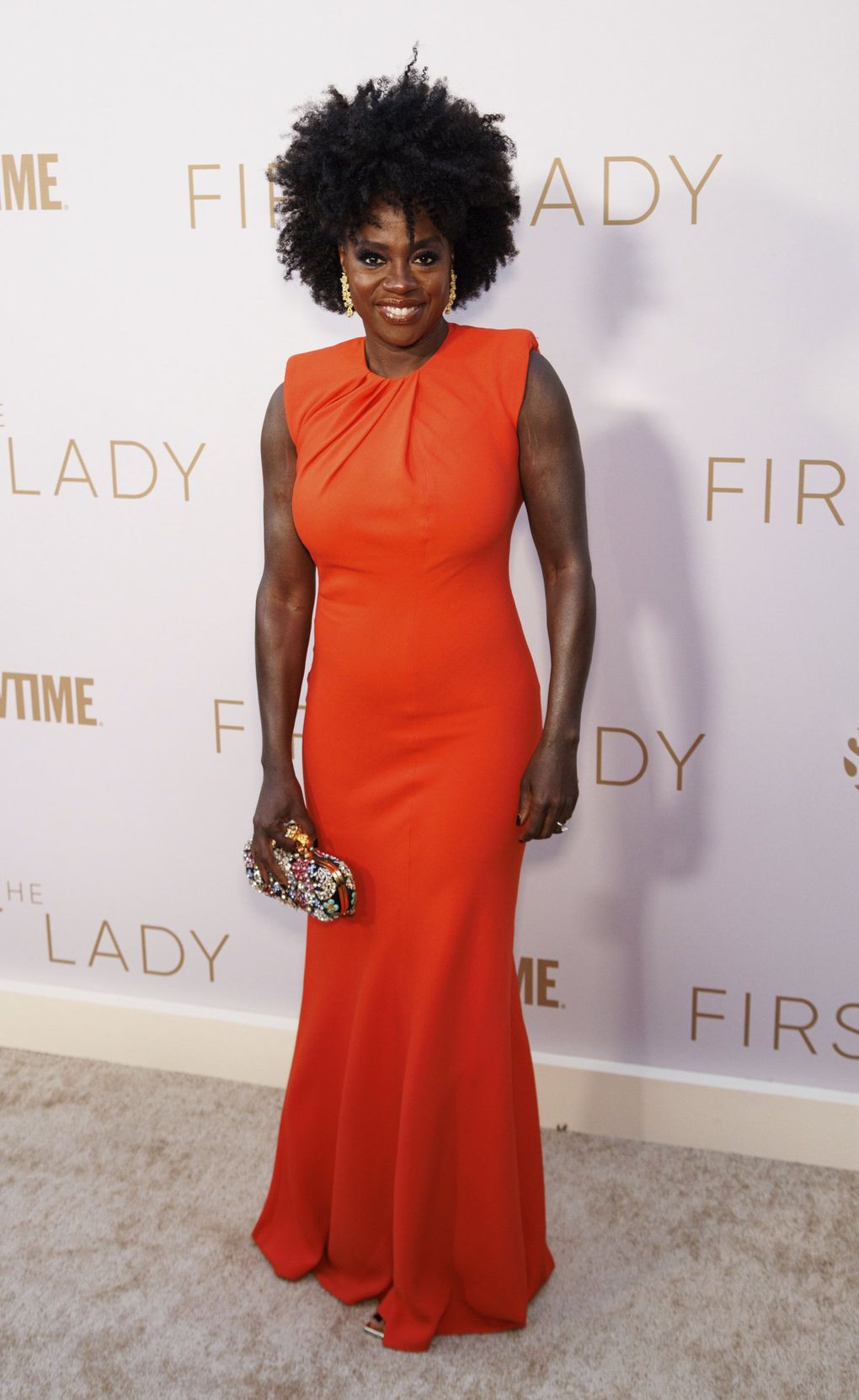 viola davis orange dress Viola Davis Shines in Orange Ralph Lauren Cut Out Gown with Husband Julius Tennon and Daughter Genesis at Television Academy's Hall of Fame Induction