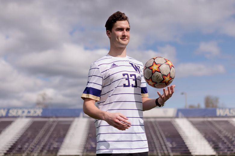 UW men’s soccer player Lucas Meek is photographed at the Husky Soccer Stadium in Seattle Friday, April 1, 2022.  220012 (Erika Schultz / The Seattle Times)