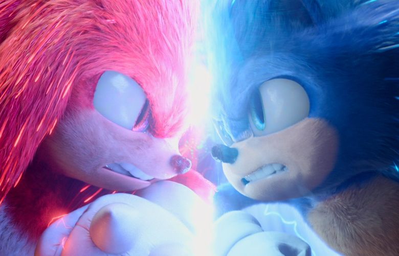 Knuckles (Idris Elba) and Sonic (Ben Schwartz) in Sonic The Hedgehog 2 from Paramount Pictures and Sega.