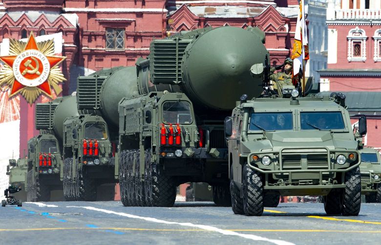 FILE – In this file photo taken on June 24, 2020, Russian RS-24 Yars ballistic missiles roll in Red Square during the Victory Day military parade in Moscow, Russia. Russia is planning massive drills of its strategic military forces that provide a stark reminder of the country’s nuclear might. The Russian Defense Ministry announced the war games on Friday amid Western fears that Moscow might be preparing to invade Ukraine. (AP Photo/Alexander Zemlianichenko, File)