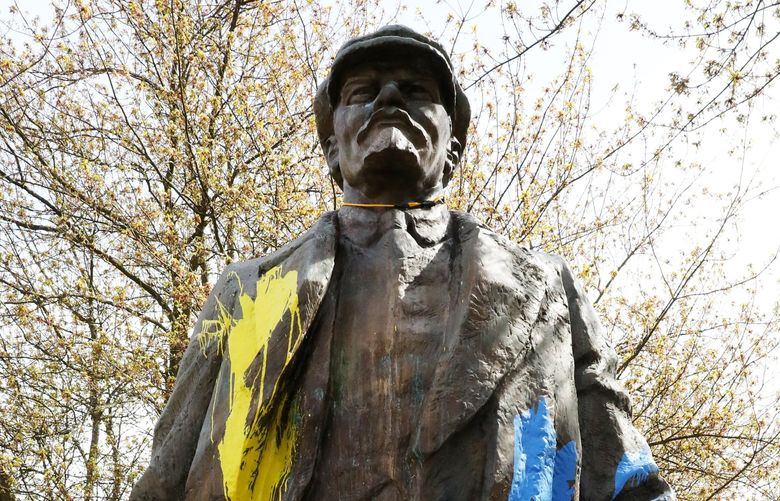 The statue of Vladimir Lenin in Fremont often has his hand painted in red by unknown people.  The statue now has been splashed in yellow and blue paint, the colors of the Ukrainian flag, but vandalism nonetheless.


Lenin statue in Fremont
LO Linesonly 
Thursday April 21, 2022 220207