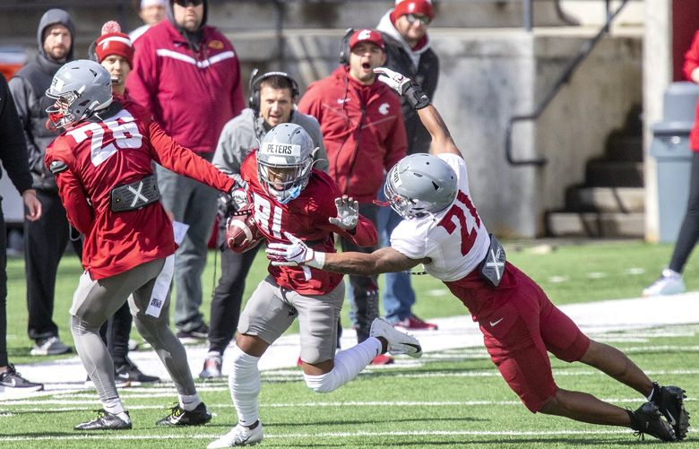 Washington State wide receiver Orion Peters, center, runs the ball as defensive back Adrian Shepherd, right, attempts to tackle him during an NCAA college football scrimmage Saturday, April 2, 2022, in Pullman, Wash. (August Frank/Lewiston Tribune via AP)