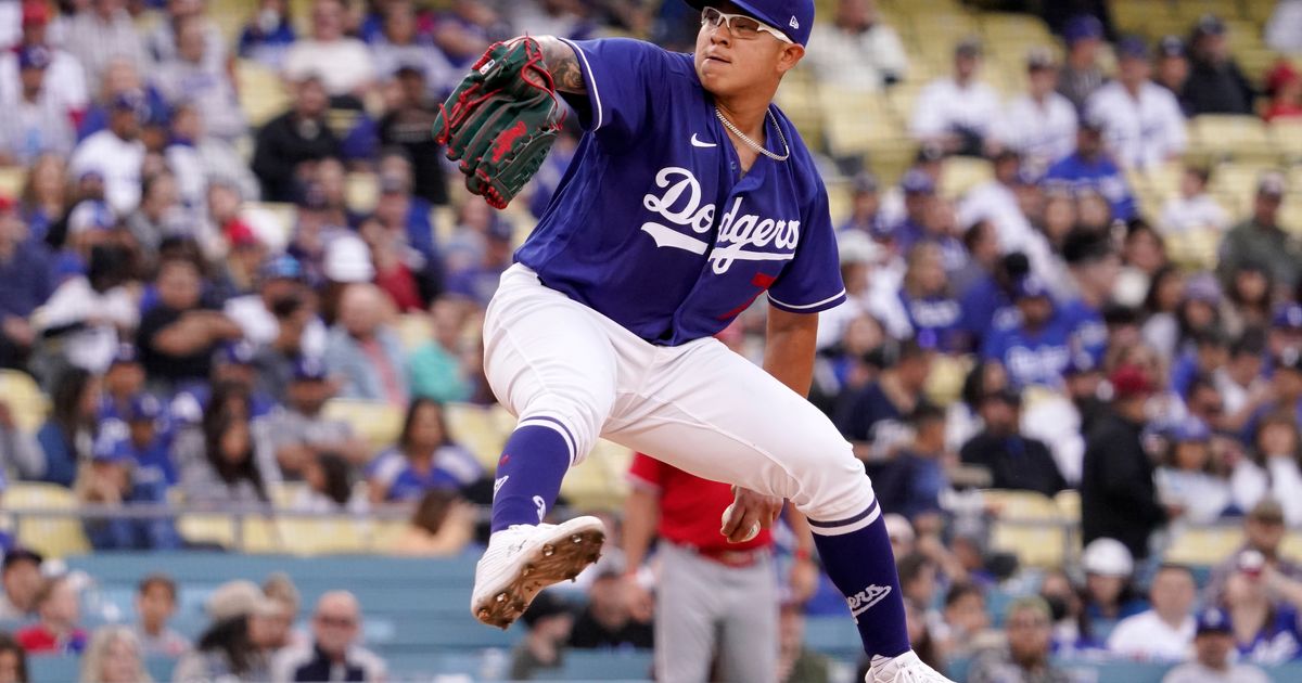 Relief pitcher Julio Urias of the Los Angeles Dodgers pitches