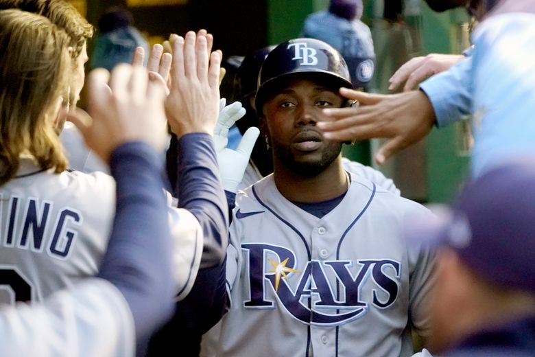 Wander Franco of the Tampa Bay Rays celebrates his home run with